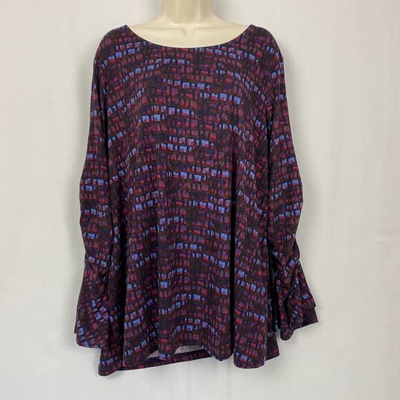 Susan Graver Top 2X Brushed Liquid Knit Purple Abstract Geo Bell Sleeve A343073 - Picture 2 of 11